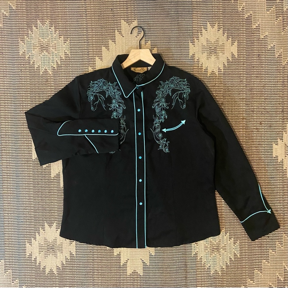 Scully Black Shirt with Blue Embroidery